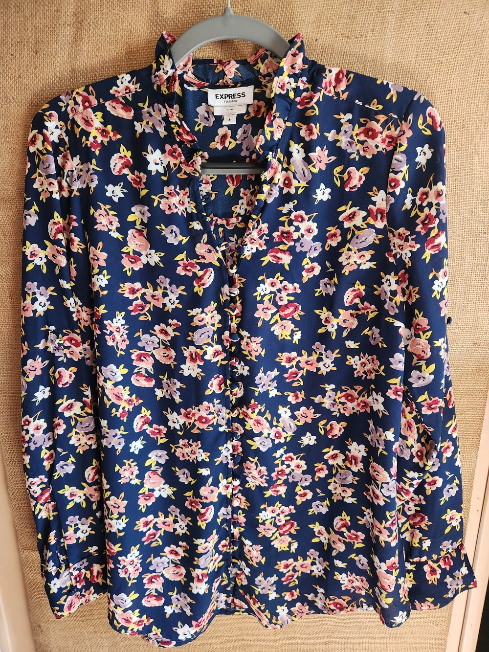 Express Ruffle  Navy Floral Button-Up Blouse